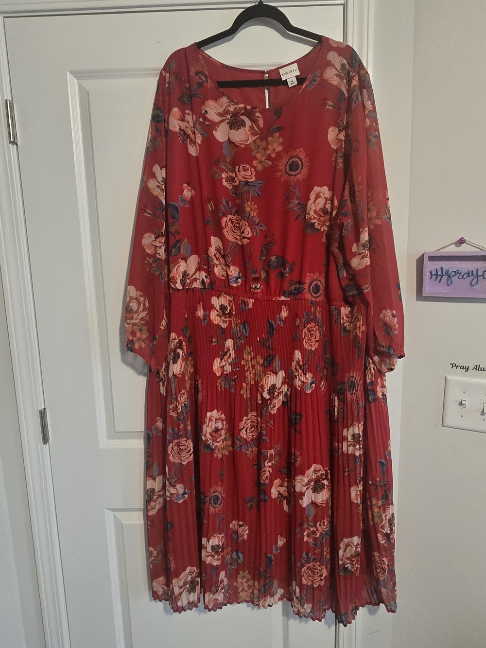 Ava & Viv Red Floral Pleated Midi Dress with Long Sleeves